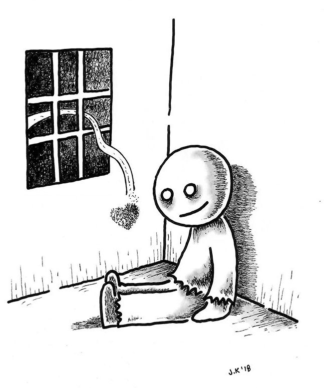 Illustration av en person som sitter på golvet i en cell, ett hjärta flyger in genom fönstret